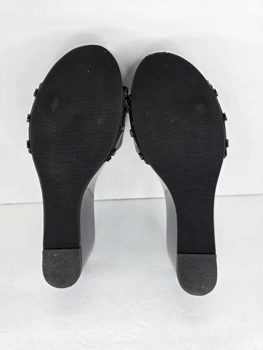 Tory Burch Patti Black Patent Slides Platform Wedge Heels Leather Sandals 9.5M